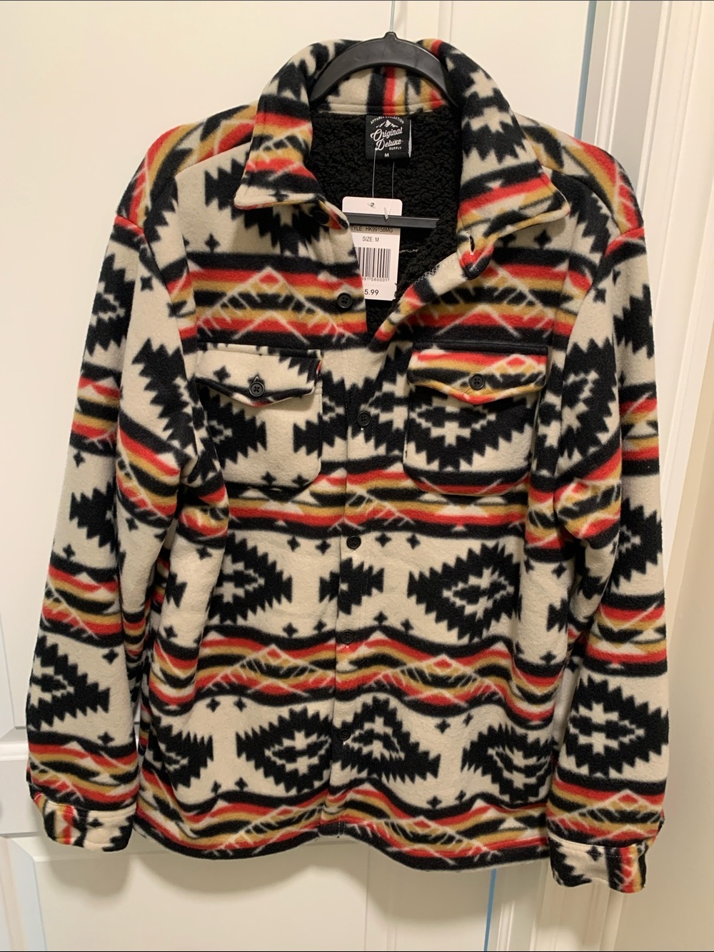 Stylish Original Deluxe Black & Cream Geometric Teddy Light Jacket. BWT.Size:M.